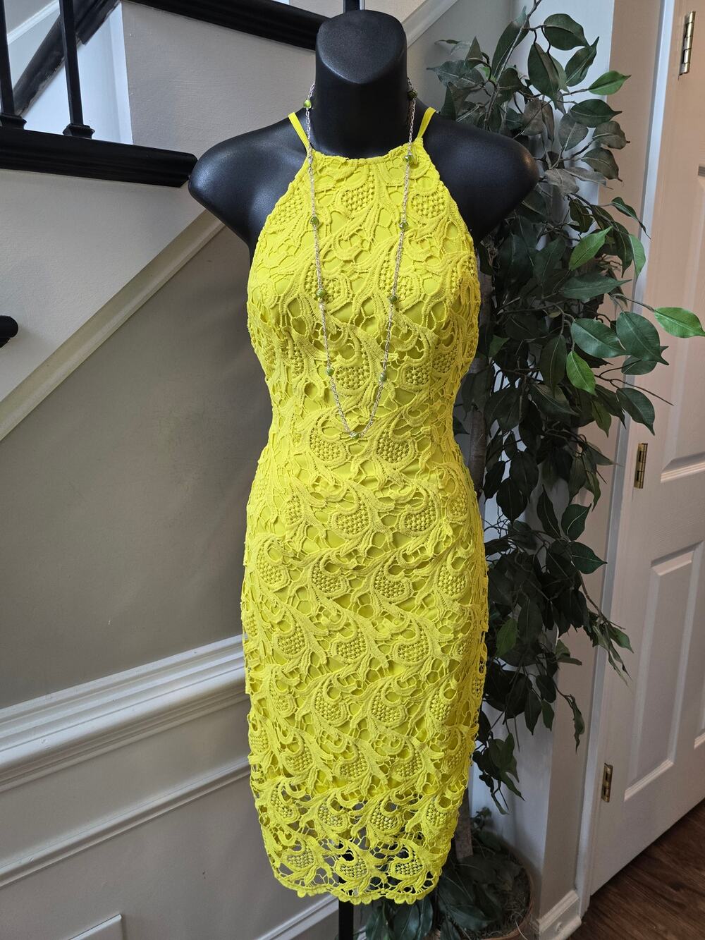 Midi Dress Womens Chest XS Yellow Floral Crochet Lace Back Zipper Halter Neck .